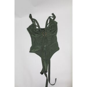 Women’s Olive Green Tie-Front Ring Detail Bodysuit – Size Small